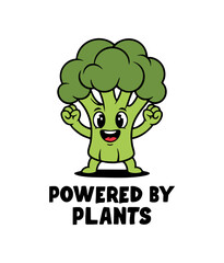 Vector art of cartoon broccoli character saying powered by plants