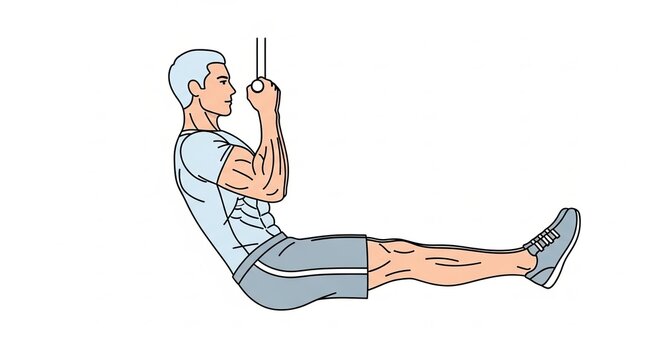 Man performing Lsit exercise on gymnastic rings for core strength.