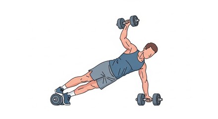 Man performing side plank with dumbbells for core and upper body strength.