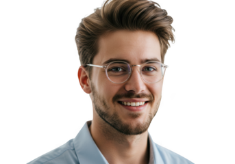 Professional headshot of a smiling man with glasses and stylish hair transparent background