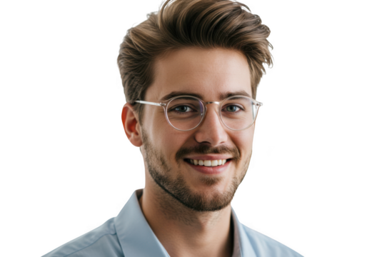 Professional headshot of a smiling man with glasses and stylish hair transparent background - Powered by Adobe