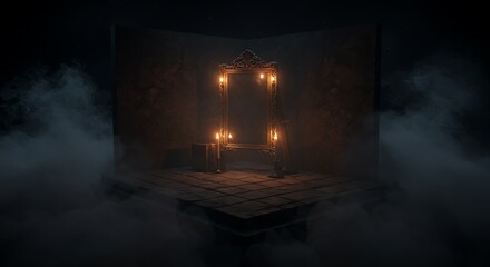Obraz premium Empty square dark room with magical antique mirror. Night view of the room, fantasy. Dark abstract background with a square mirror. smoke, smog.