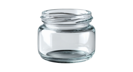 A clear glass jar with a smooth surface and simple design, isolated on a white background, suitable for storage.
