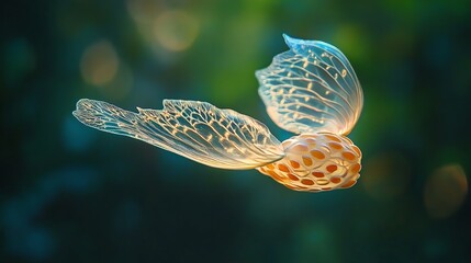 A floating seed pod with delicate wings, hovering in the air like a jellyfish