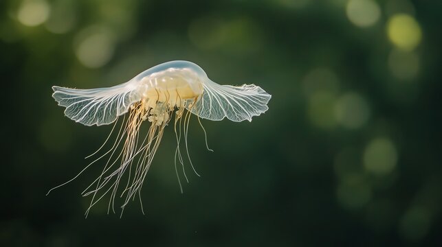 A floating seed pod with delicate wings, hovering in the air like a jellyfish