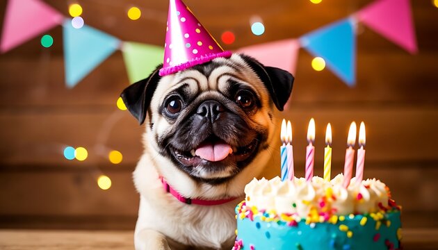 Cute pug wearing a party hat beside a colorful birthday cake with lit candles, smiling in a warm, festive indoor celebration setting