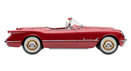A classic red convertible car with whitewall tires and an open top, showcasing vintage automotive design.