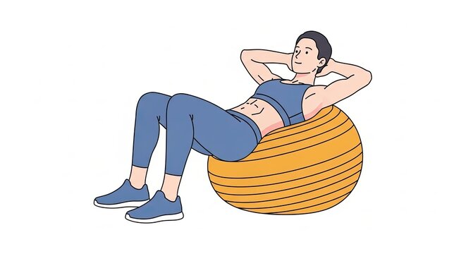 Woman doing crunches on an exercise ball fitness illustration.