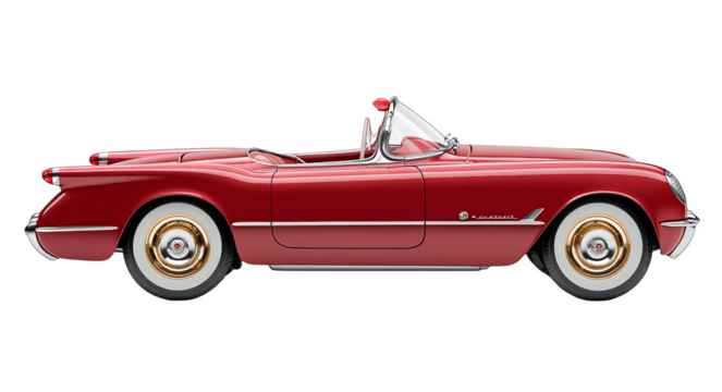 A classic red convertible car with whitewall tires and an open top, showcasing vintage automotive design.