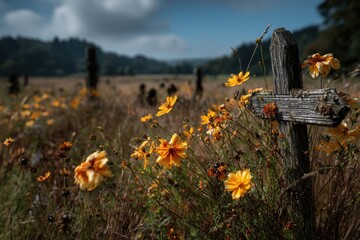 Obraz premium Sunlit Field of Yellow Wildflowers Beside a Weathered Fence Post