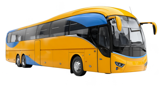 A modern yellow and blue passenger bus designed for long distance travel, suitable for public transportation and tourism.