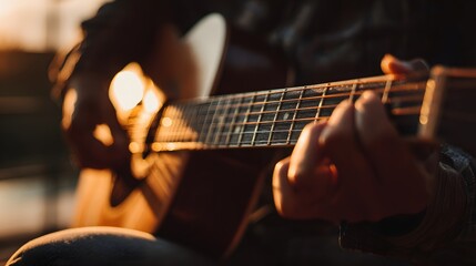 Fototapeta premium Hands playing an acoustic guitar at sunset.