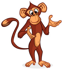 Funny Cartoon Monkey Standing and Smiling with Open Hands on White Background