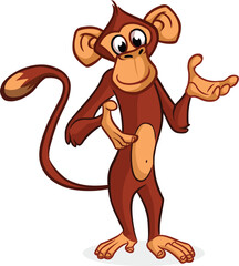 Funny Cartoon Monkey Standing and Smiling with Open Hands on White Background