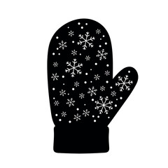 Black mitten with snowflake pattern for winter warmth.