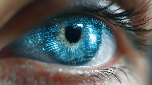 Futuristic digital eye displays glowing circuit patterns on iris.