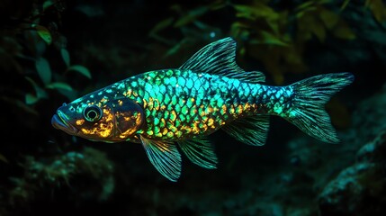 Fototapeta premium A fish with glowing algae patterns on its scales, swimming in a dark forest pond