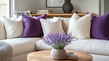 A white couch with purple pillows and a vase of flowers