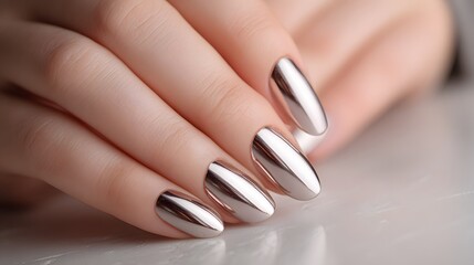 Woman's hand with shiny metallic silver nail polish.