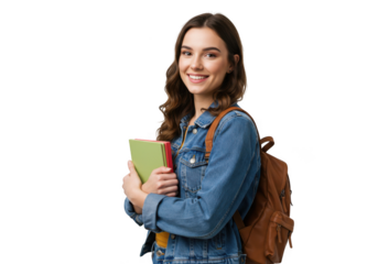 Smiling student with books and backpack on transparent background