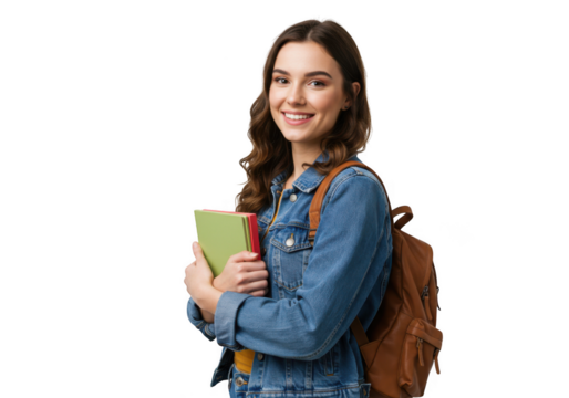 Smiling student with books and backpack on transparent background