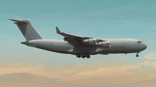Military transport airplane side view flying jumbo jet with four engine. Modern military jet airplane.