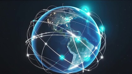 Global Network: A luminous digital network surrounds the earth, symbolizing global interconnectedness, communication, and the vast reach of information technology. 