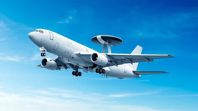 AWACS Airborne Warning and Control System military radar airplane low angle view flying in a blue sky background. Modern military jet airplane.