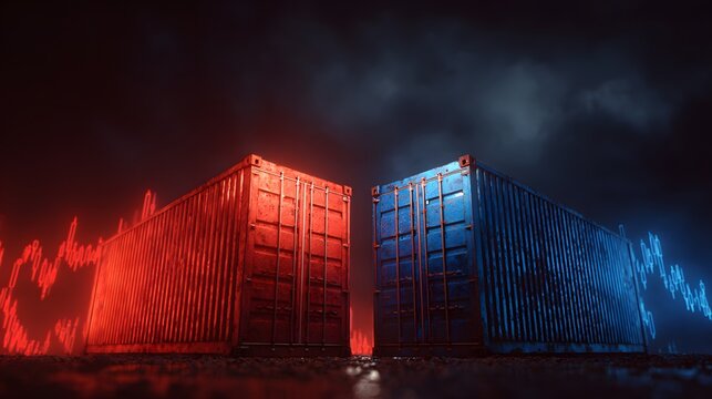Two shipping containers illuminated by contrasting red and blue light with abstract graphs.
