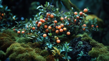 A bush covered in small fruits that emit a soft hum, surrounded by bioluminescent moss
