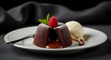 molten chocolate lava cake with ice cream and raspberry
