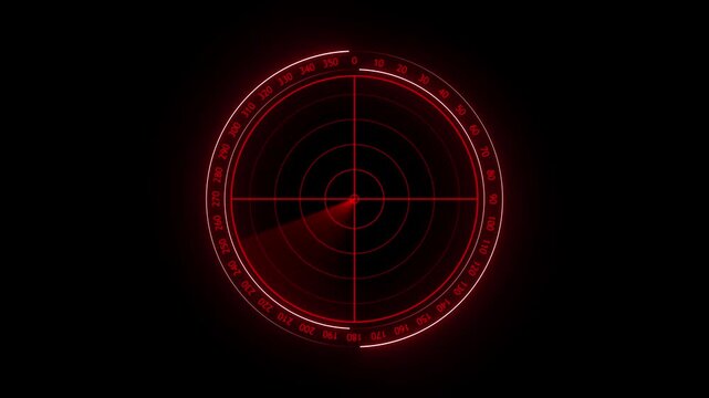 Abstract Hud call neon security concept rader red color animation with radio waves. Radar point to detect enemy position. Glowing Neon Rader searching animation on dark background. 