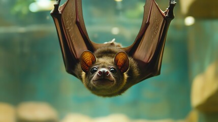 A bat with four wings and a humanlike gaze, hanging upside down in a glass enclosure