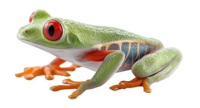 A vivid green tree frog featuring red eyes and orange feet, showcasing its vibrant natural colors and unique appearance.