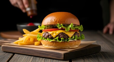 delicious gourmet cheeseburger french fries rustic table