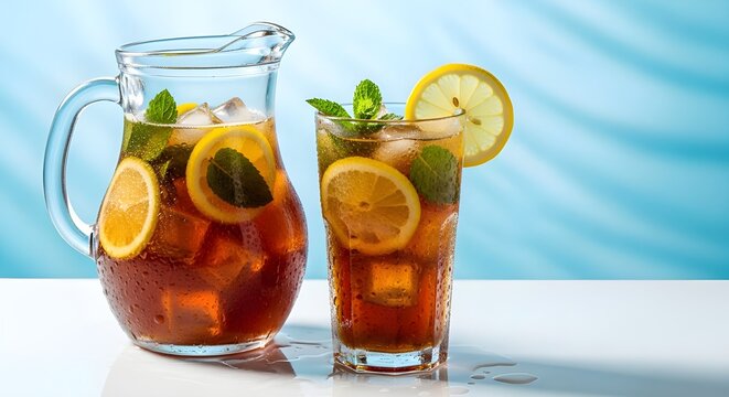 refreshing iced tea pitcher and glass with lemon mint