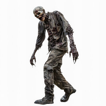 A zombie walking towards the camera with a white background.