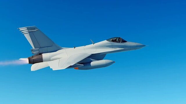 Military fighter jet airplane flying straight forward with jet blast in a blue sky background. Modern military jet airplane.