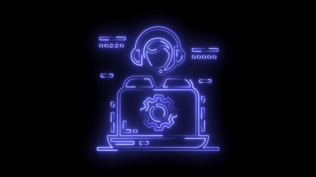 Neon glowing customer service representative with laptop technical support animated icon