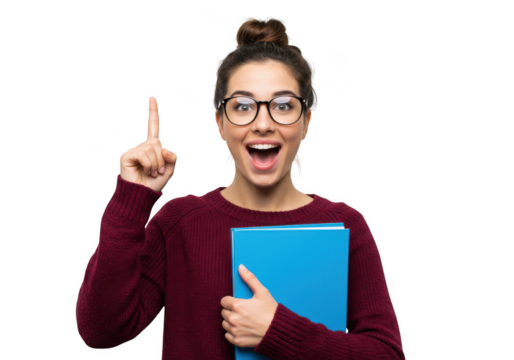 Woman with book pointing upward excitedly on transparent background