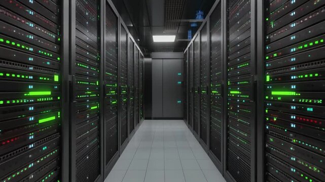 Long corridor with server racks and glowing indicators in modern data processing cente