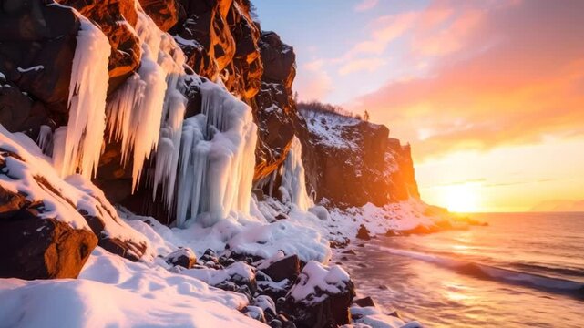 Winter sunrise over icy coastline