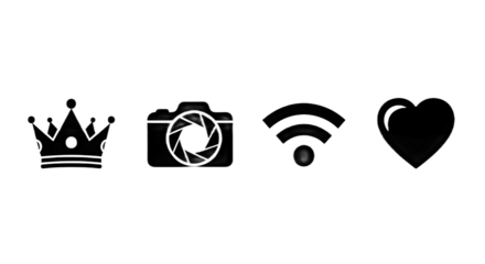 Collection of essential graphic icons: crown, camera, Wi-Fi signal, and heart symbols for design. isolated PNG with Transparent Background