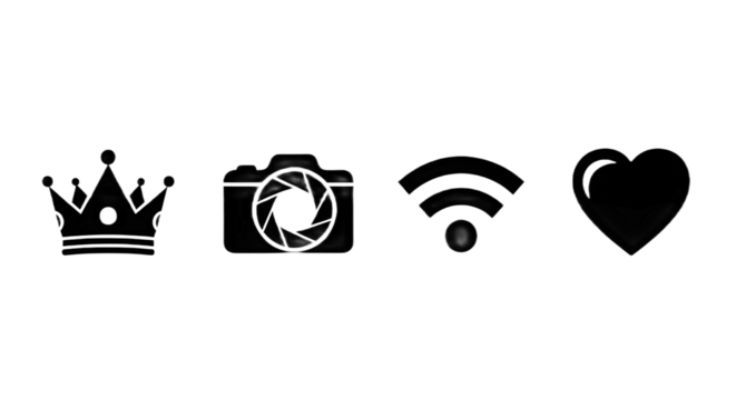 Collection of essential graphic icons: crown, camera, Wi-Fi signal, and heart symbols for design. isolated PNG with Transparent Background