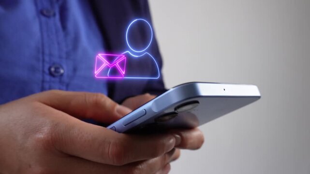Personal email communication. A woman holding a smartphone with a virtual icon of a person avatar holding an email envelope.