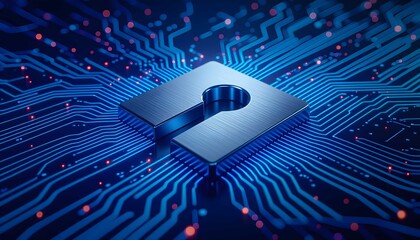 Futuristic processor chip on glowing electronic board symbolizing digital access control