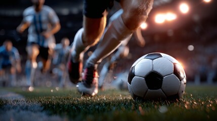 Player takes a powerful shot during an intense soccer match in a packed stadium at night