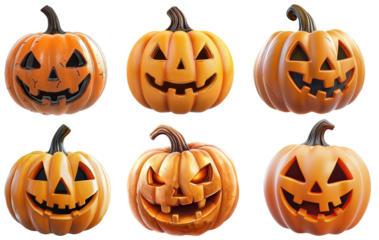 Six jack-o'-lanterns with various expressions and colors.