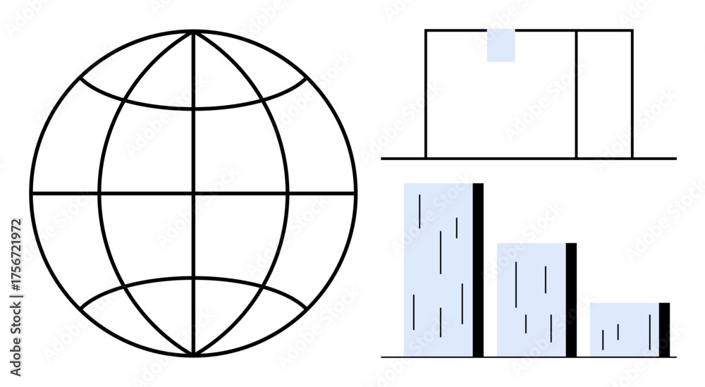 Wall mural Globe with intersecting lines, bar chart, and a window element suggesting digital connectivity. Ideal for innovation, strategy, communication, analytics, globalization, teamwork simple flat metaphor