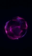 Violet glowing sphere made of digital particles on dark background. Abstract futuristic energy form in 4K.